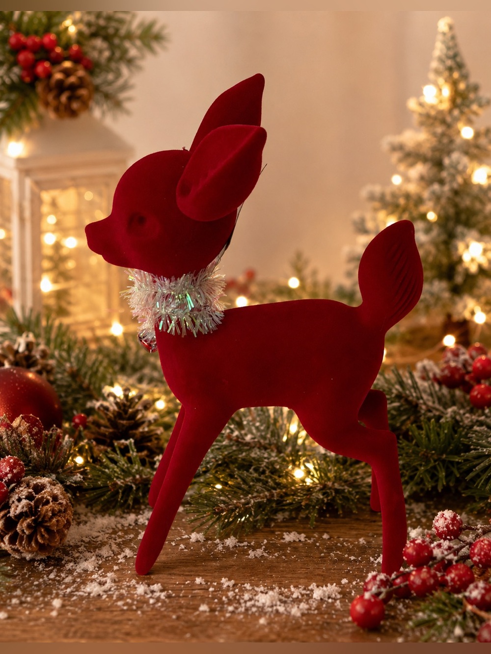 Large flocked red Christmas reindeer tabletop decor tinsel NEW NWT